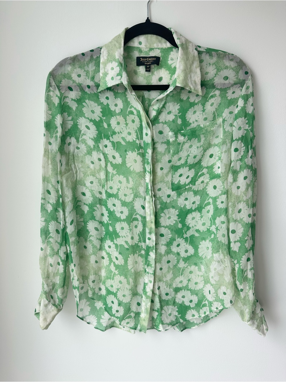 Juicy Couture Black Label Green and White 100% Silk Floral Button-Down Blouse XS
